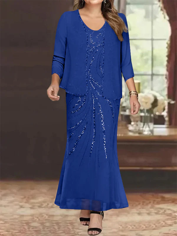 Sheath/Column V-Neck Ankle-Length Plus Size Mother of the Bride Dresses with Jacket & Sequins Beading - Image 34