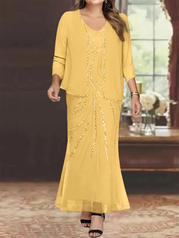 Sheath/Column V-Neck Ankle-Length Plus Size Mother of the Bride Dresses with Jacket & Sequins Beading - Image 35