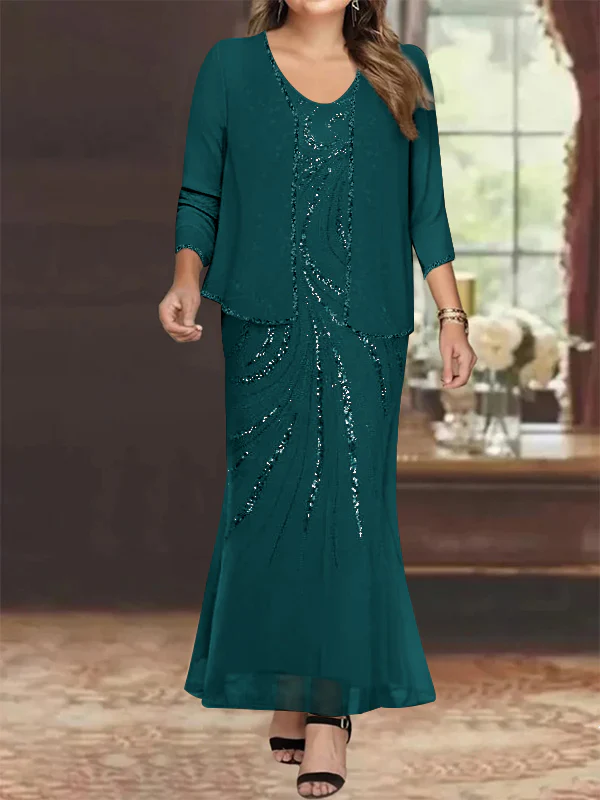 Sheath/Column V-Neck Ankle-Length Plus Size Mother of the Bride Dresses with Jacket & Sequins Beading - Image 37