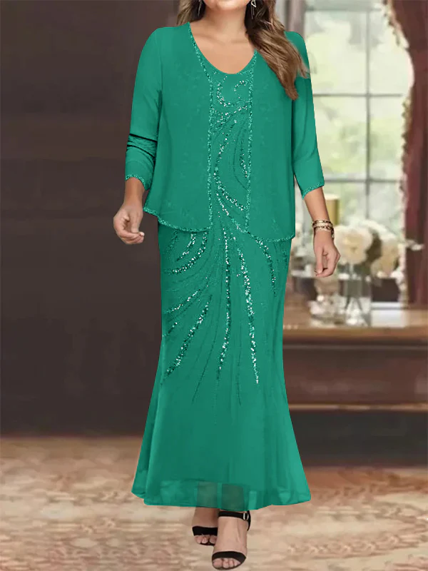 Sheath/Column V-Neck Ankle-Length Plus Size Mother of the Bride Dresses with Jacket & Sequins Beading - Image 38