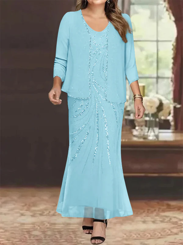 Sheath/Column V-Neck Ankle-Length Plus Size Mother of the Bride Dresses with Jacket & Sequins Beading - Image 39