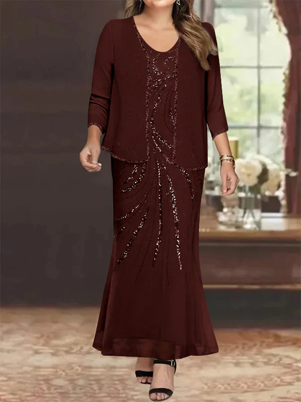 Sheath/Column V-Neck Ankle-Length Plus Size Mother of the Bride Dresses with Jacket & Sequins Beading - Image 4