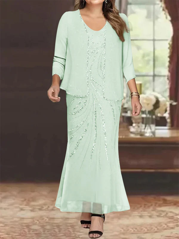 Sheath/Column V-Neck Ankle-Length Plus Size Mother of the Bride Dresses with Jacket & Sequins Beading - Image 41