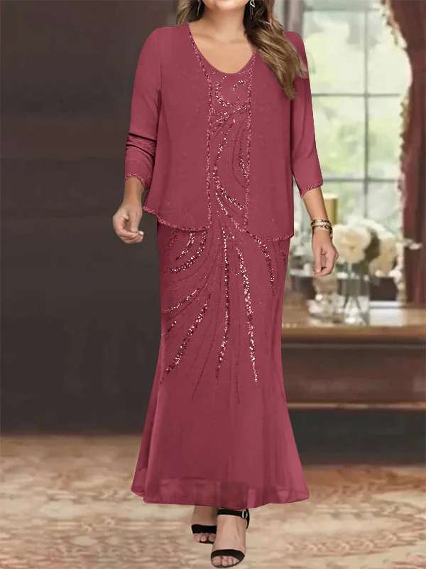 Sheath/Column V-Neck Ankle-Length Plus Size Mother of the Bride Dresses with Jacket & Sequins Beading - Image 42
