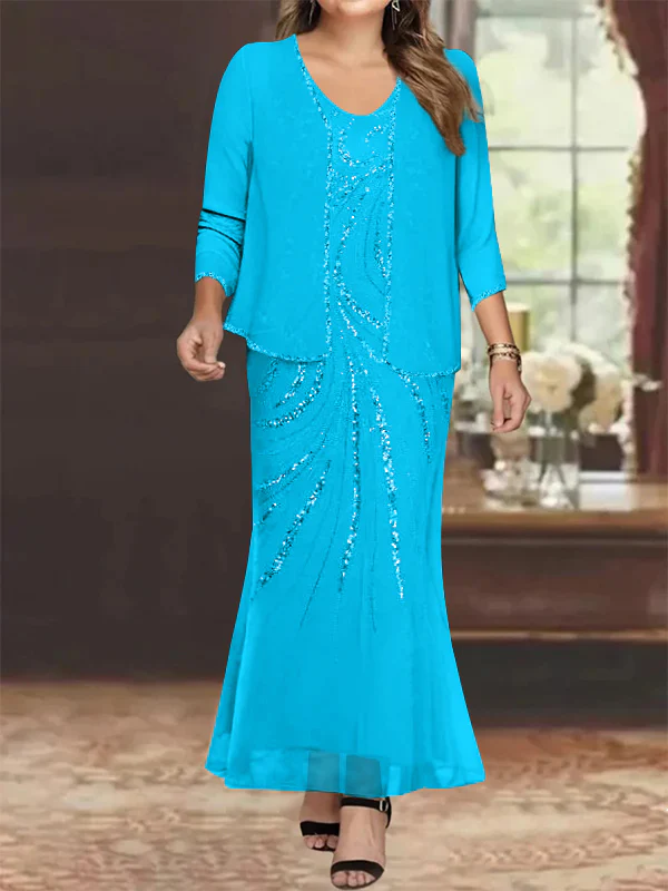 Sheath/Column V-Neck Ankle-Length Plus Size Mother of the Bride Dresses with Jacket & Sequins Beading - Image 43
