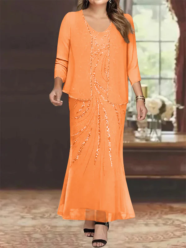 Sheath/Column V-Neck Ankle-Length Plus Size Mother of the Bride Dresses with Jacket & Sequins Beading - Image 44