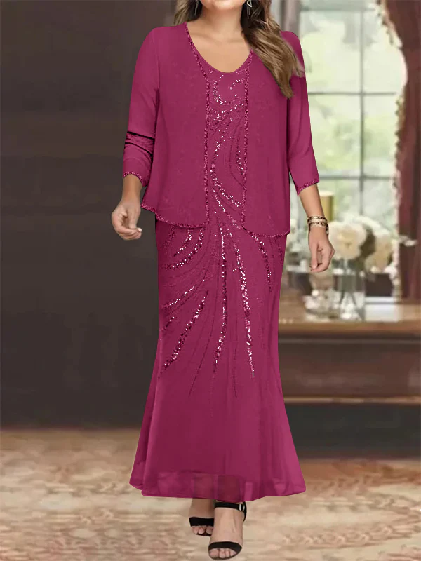 Sheath/Column V-Neck Ankle-Length Plus Size Mother of the Bride Dresses with Jacket & Sequins Beading - Image 45