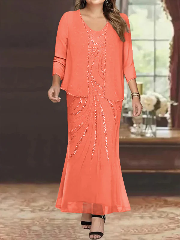 Sheath/Column V-Neck Ankle-Length Plus Size Mother of the Bride Dresses with Jacket & Sequins Beading - Image 46