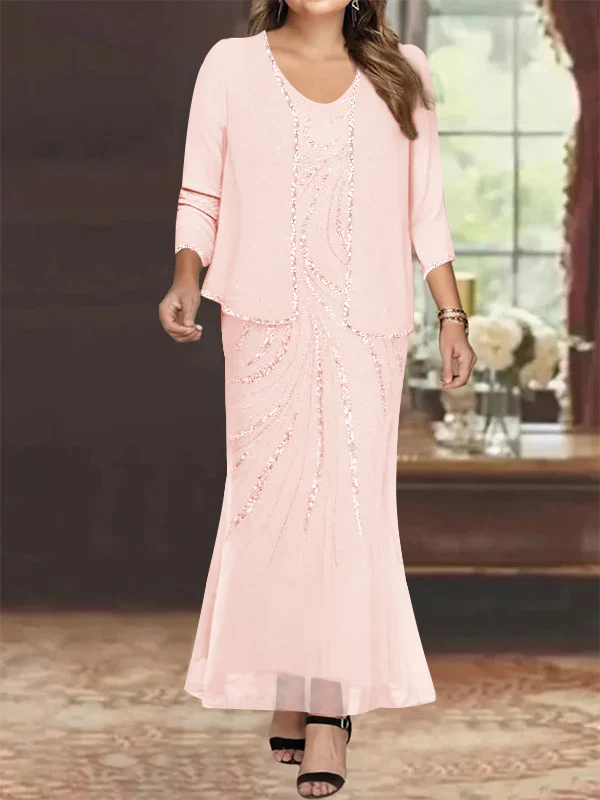 Sheath/Column V-Neck Ankle-Length Plus Size Mother of the Bride Dresses with Jacket & Sequins Beading - Image 47