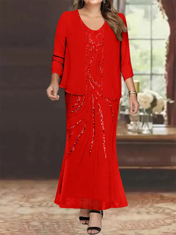 Sheath/Column V-Neck Ankle-Length Plus Size Mother of the Bride Dresses with Jacket & Sequins Beading - Image 49