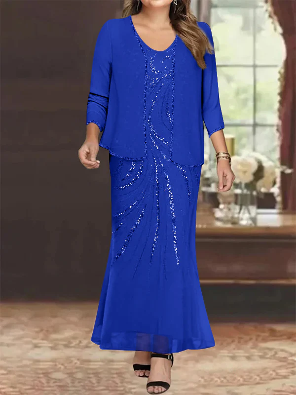 Sheath/Column V-Neck Ankle-Length Plus Size Mother of the Bride Dresses with Jacket & Sequins Beading - Image 50