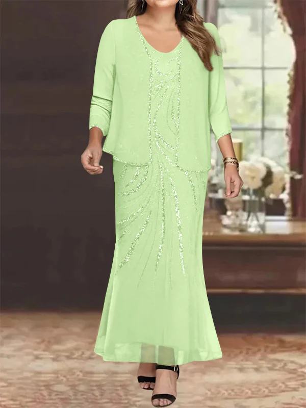 Sheath/Column V-Neck Ankle-Length Plus Size Mother of the Bride Dresses with Jacket & Sequins Beading - Image 51
