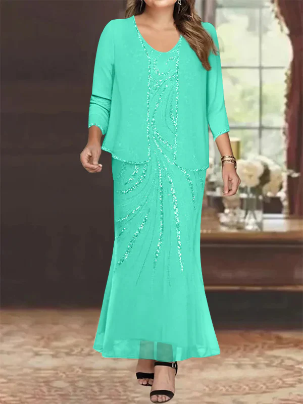 Sheath/Column V-Neck Ankle-Length Plus Size Mother of the Bride Dresses with Jacket & Sequins Beading - Image 53
