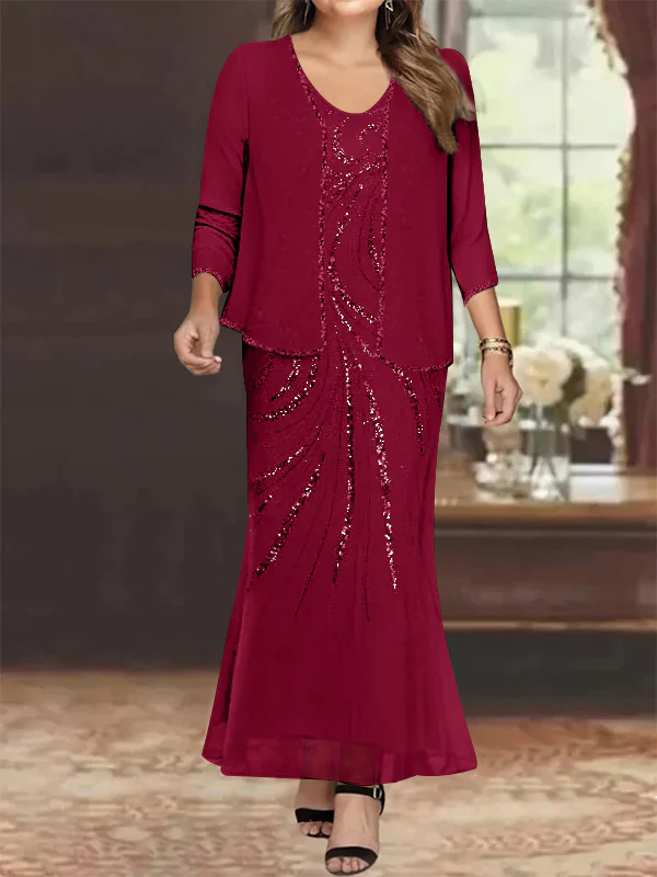 Sheath/Column V-Neck Ankle-Length Plus Size Mother of the Bride Dresses with Jacket & Sequins Beading - Image 54