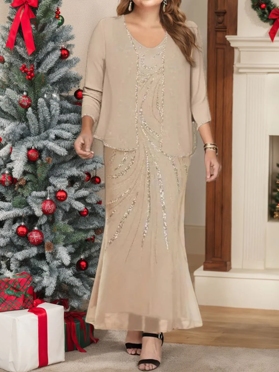 Sheath/Column V-Neck Ankle-Length Plus Size Mother of the Bride Dresses with Jacket & Sequins Beading - Image 56