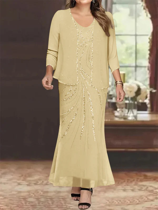 Sheath/Column V-Neck Ankle-Length Plus Size Mother of the Bride Dresses with Jacket & Sequins Beading - Image 6