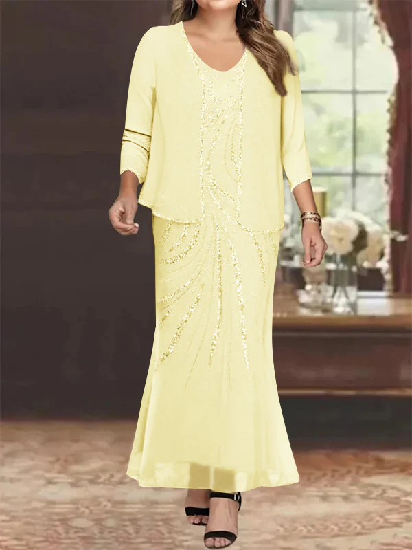 Sheath/Column V-Neck Ankle-Length Plus Size Mother of the Bride Dresses with Jacket & Sequins Beading - Image 8