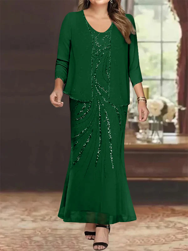 Sheath/Column V-Neck Ankle-Length Plus Size Mother of the Bride Dresses with Jacket & Sequins Beading - Image 9