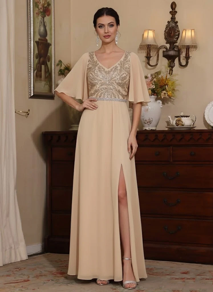 Sheath/Column V-Neck Chiffon Mother of the Bride Dresses with Split Side Floor-Length Sequins Short Sleeves - Image 3