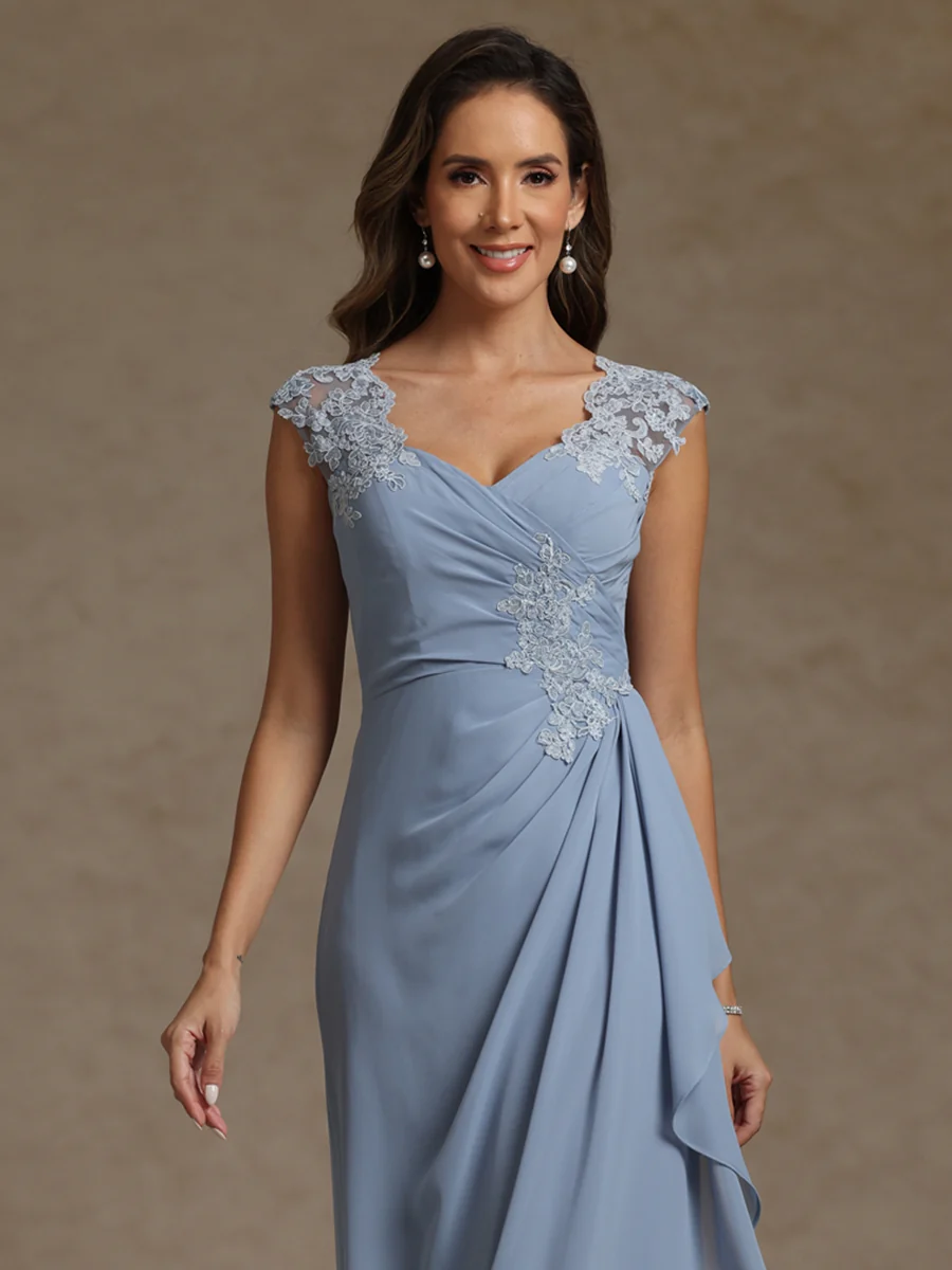 Sheath/Column V-Neck Chiffon Mother of the Bride Dresses with Wrap Floor-Length Lace Ruched Ruffles Sleeveless - Image 3