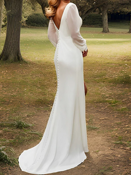 Sheath/Column V-Neck Chiffon Wedding Dress With Split - Image 2