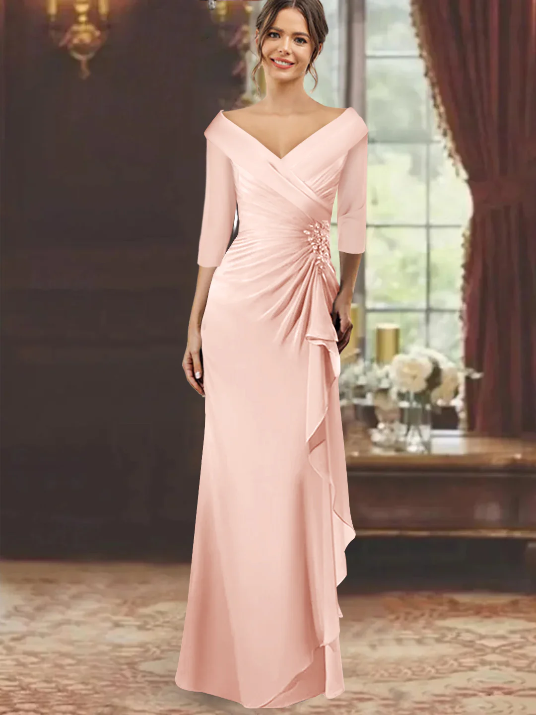 Sheath/Column V-Neck Half Sleeves Floor-Length Mother of the Bride Dresses with Ruffles & Appliques - Image 11
