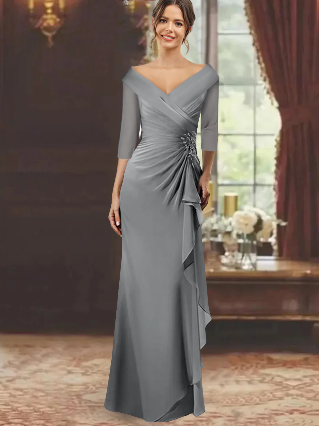 Sheath/Column V-Neck Half Sleeves Floor-Length Mother of the Bride Dresses with Ruffles & Appliques - Image 19