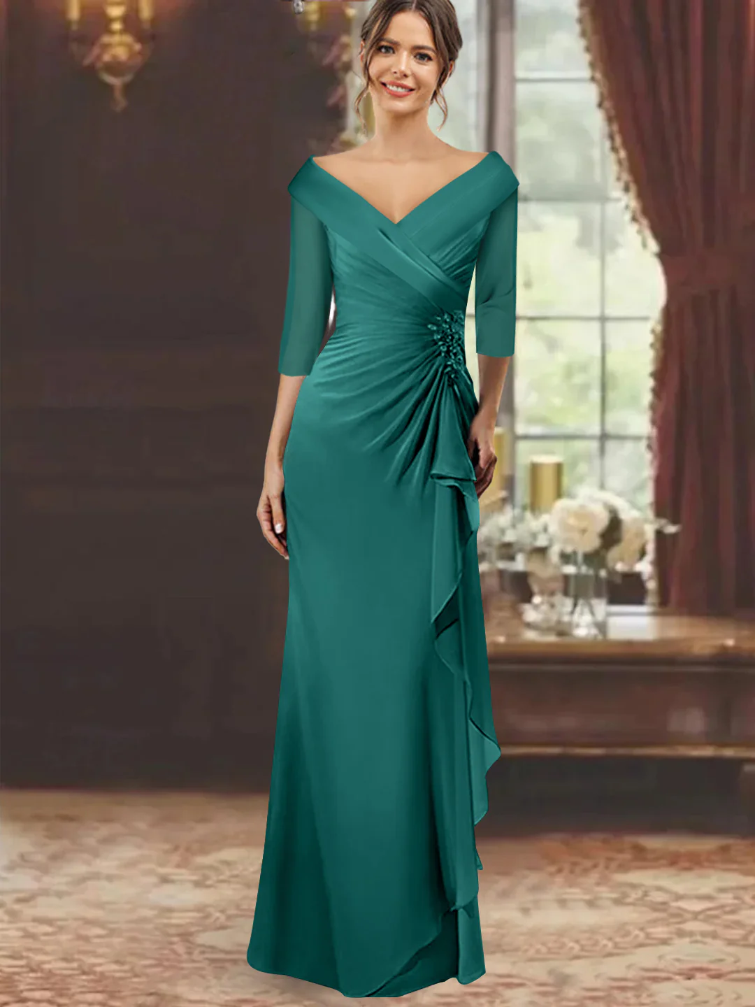 Sheath/Column V-Neck Half Sleeves Floor-Length Mother of the Bride Dresses with Ruffles & Appliques - Image 22