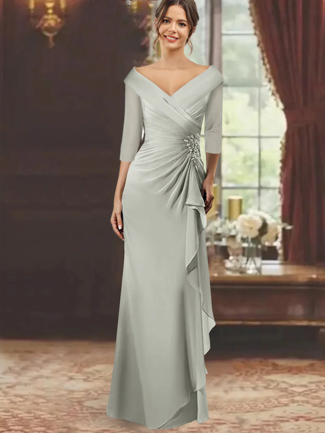 Sheath/Column V-Neck Half Sleeves Floor-Length Mother of the Bride Dresses with Ruffles & Appliques - Image 30