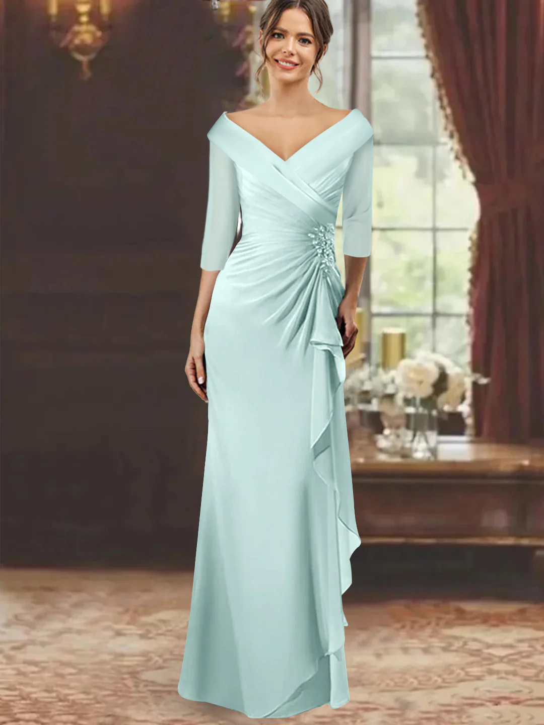 Sheath/Column V-Neck Half Sleeves Floor-Length Mother of the Bride Dresses with Ruffles & Appliques - Image 31