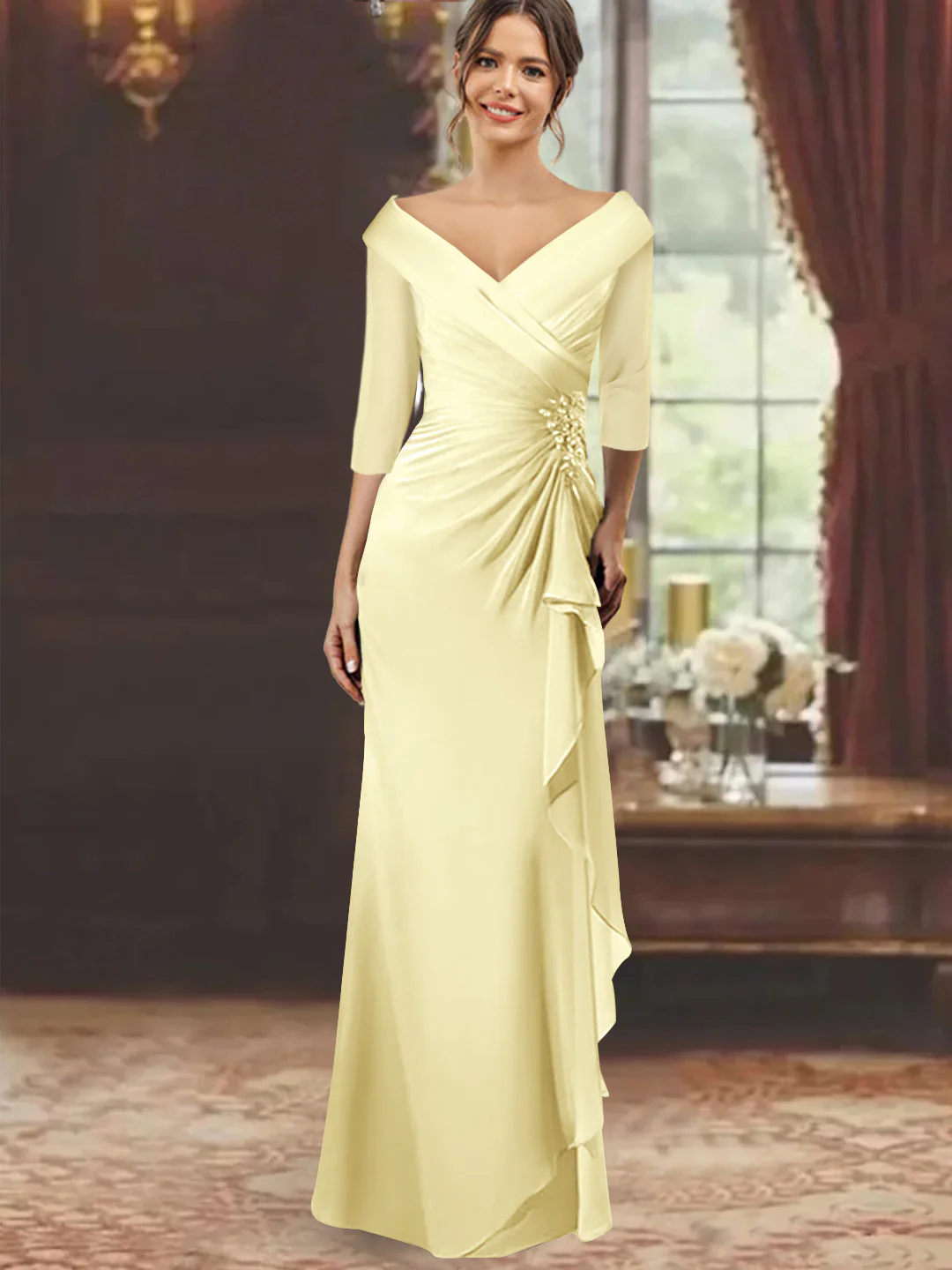 Sheath/Column V-Neck Half Sleeves Floor-Length Mother of the Bride Dresses with Ruffles & Appliques - Image 37