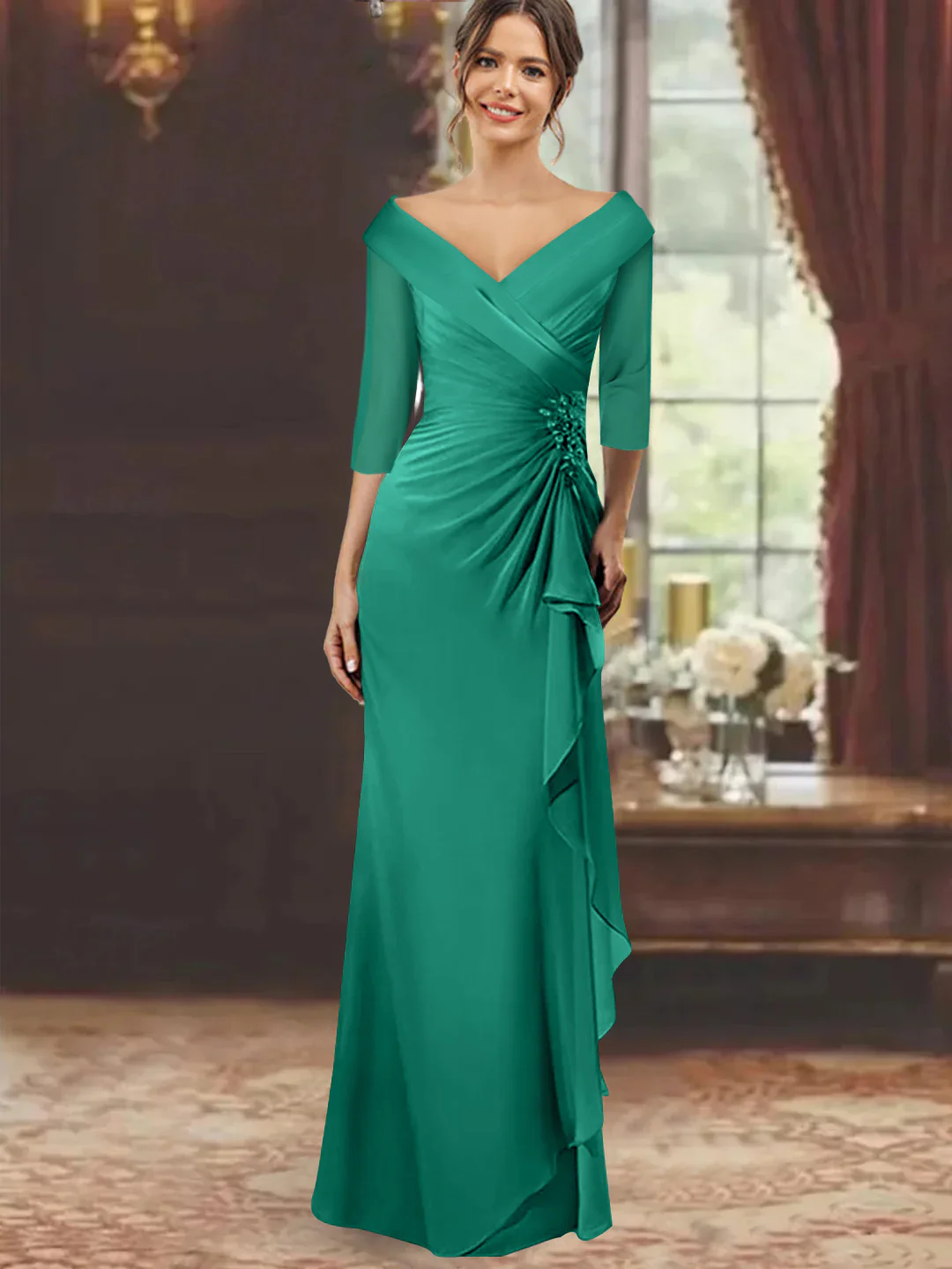 Sheath/Column V-Neck Half Sleeves Floor-Length Mother of the Bride Dresses with Ruffles & Appliques - Image 42