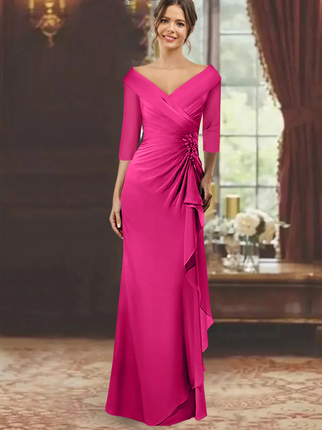 Sheath/Column V-Neck Half Sleeves Floor-Length Mother of the Bride Dresses with Ruffles & Appliques - Image 53