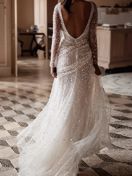 Sheath/Column V-Neck Floor-Length Sequins Wedding Dress With Split - Image 3