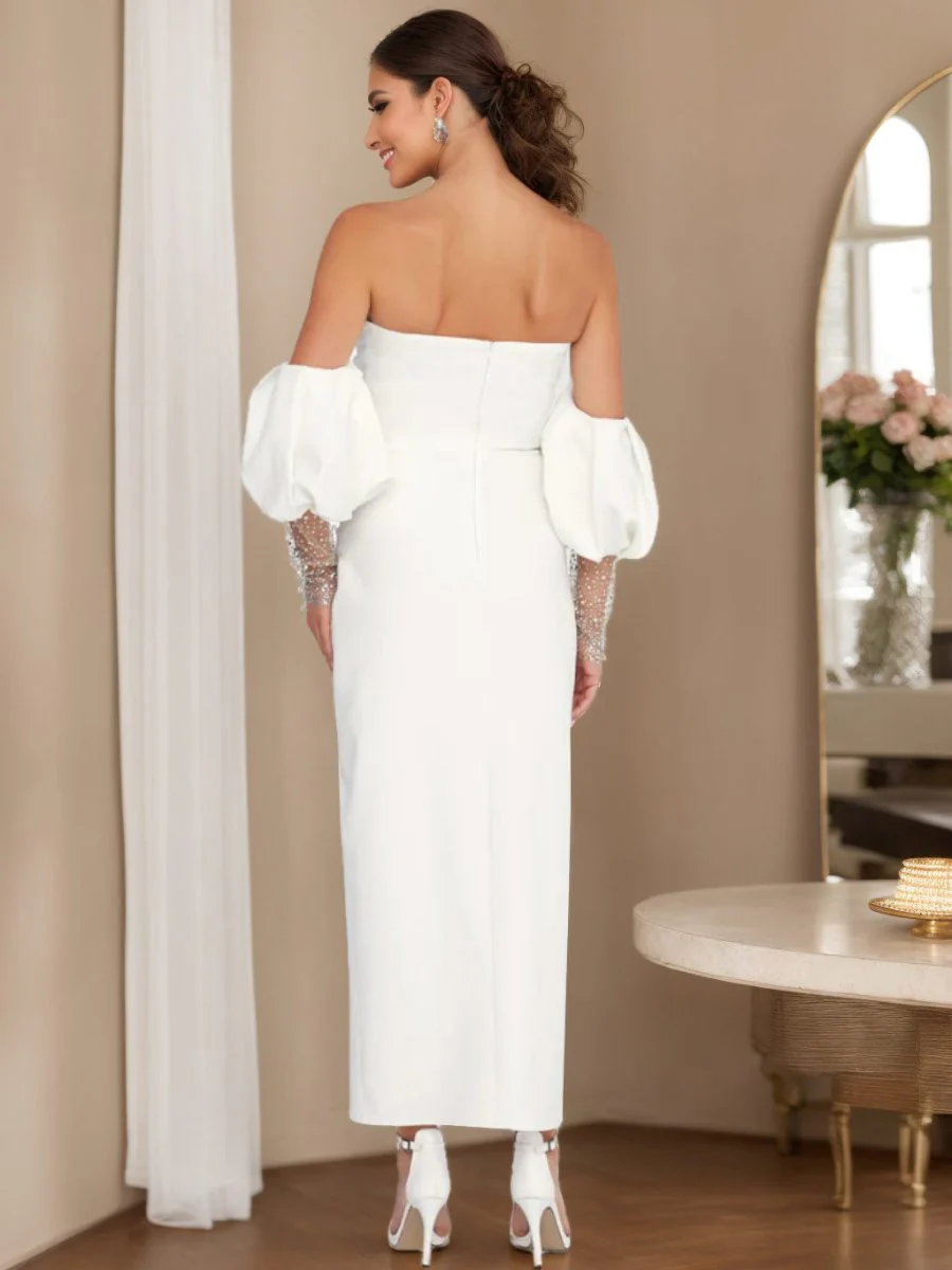 Sheath/Column V-Neck Half Sleeves Ankle Length Wedding Dress with Lace & Split Side - Image 2