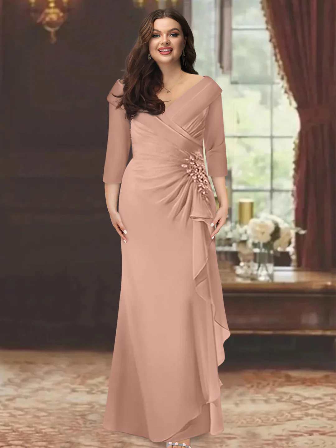 Sheath/Column V-Neck Half Sleeves Floor-Length Plus Size Mother of the Bride Dresses with Ruffles & Appliques - Image 19