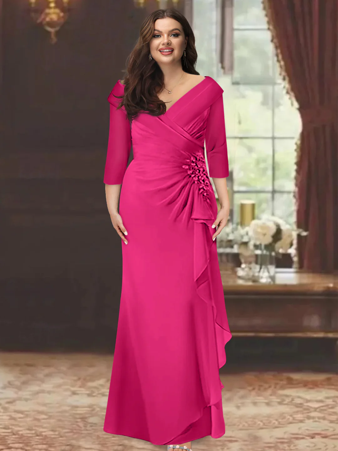 Sheath/Column V-Neck Half Sleeves Floor-Length Plus Size Mother of the Bride Dresses with Ruffles & Appliques - Image 21