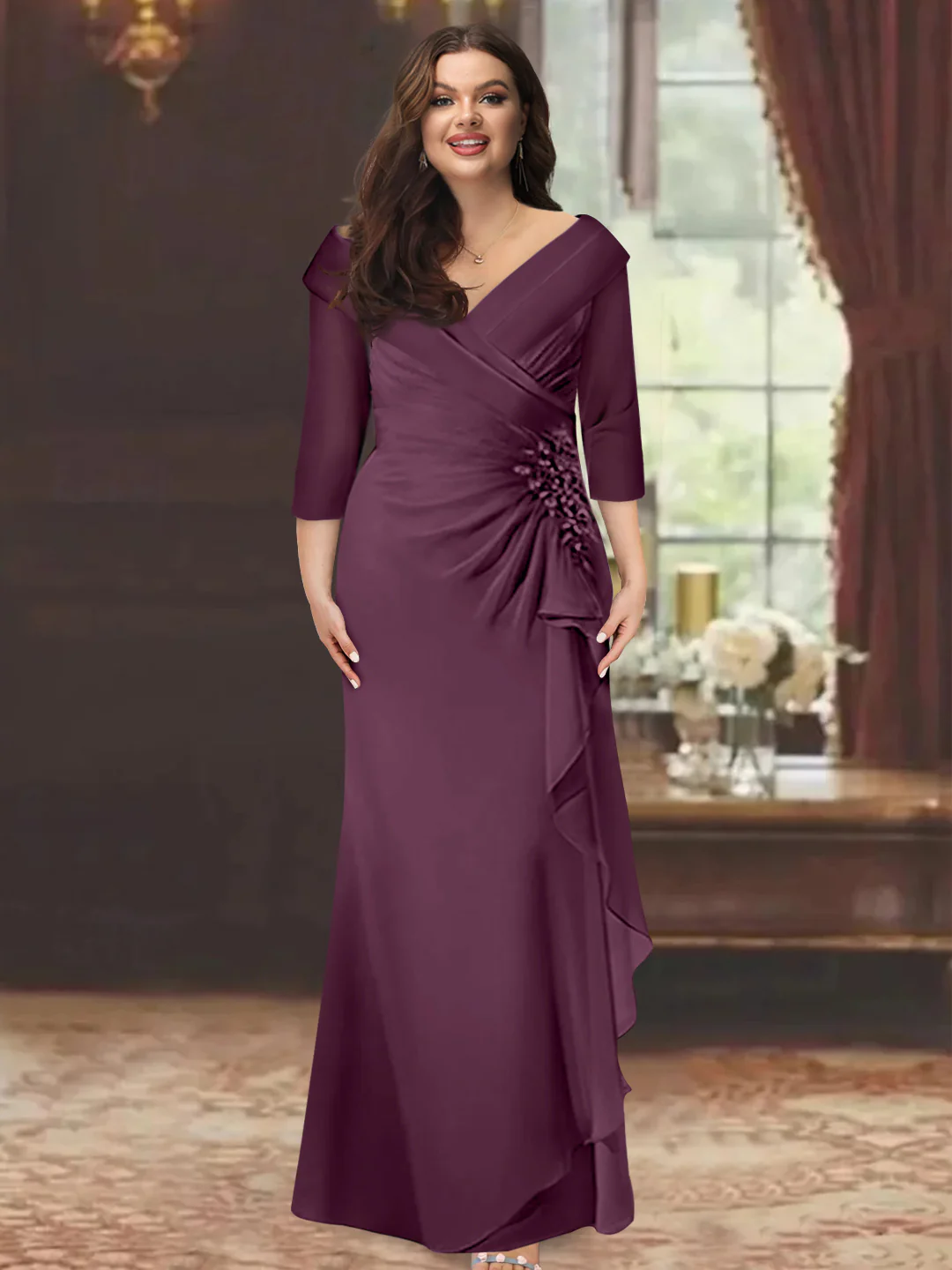 Sheath/Column V-Neck Half Sleeves Floor-Length Plus Size Mother of the Bride Dresses with Ruffles & Appliques - Image 23