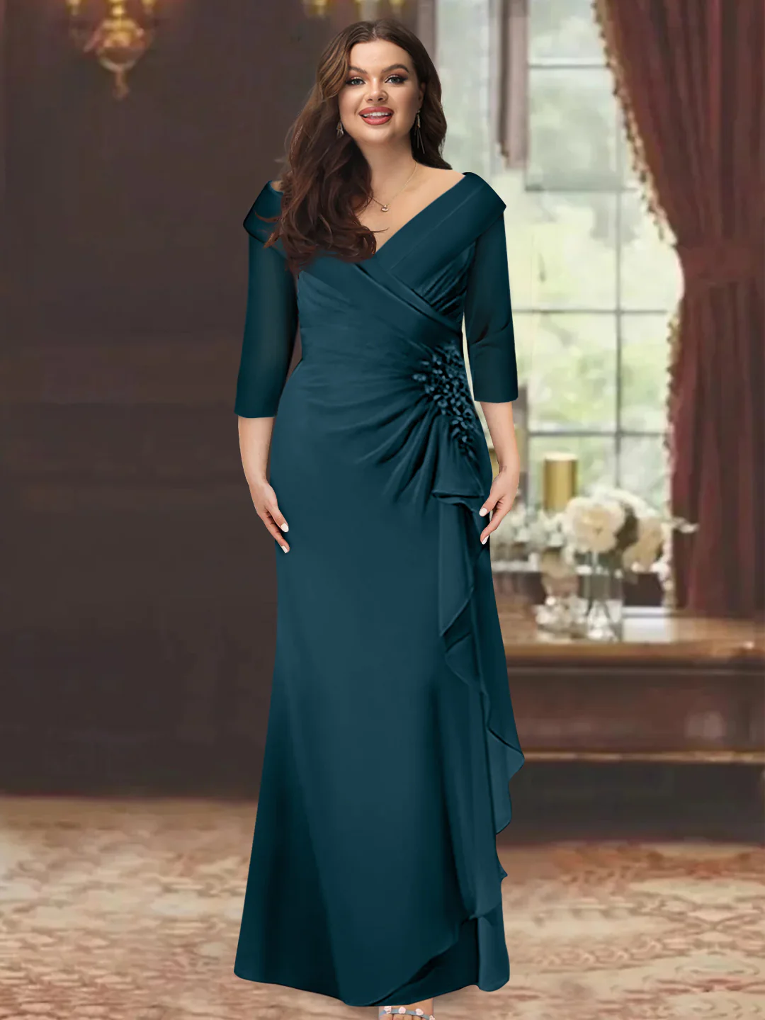 Sheath/Column V-Neck Half Sleeves Floor-Length Plus Size Mother of the Bride Dresses with Ruffles & Appliques - Image 25