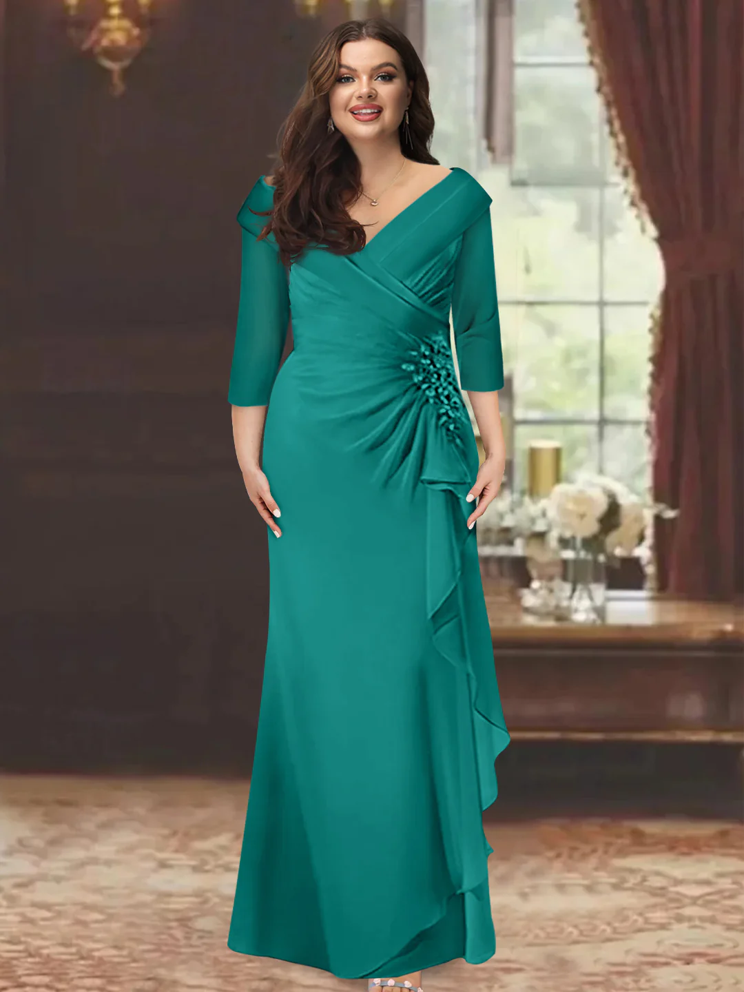 Sheath/Column V-Neck Half Sleeves Floor-Length Plus Size Mother of the Bride Dresses with Ruffles & Appliques - Image 40