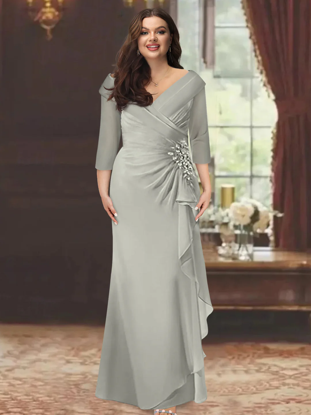 Sheath/Column V-Neck Half Sleeves Floor-Length Plus Size Mother of the Bride Dresses with Ruffles & Appliques - Image 45