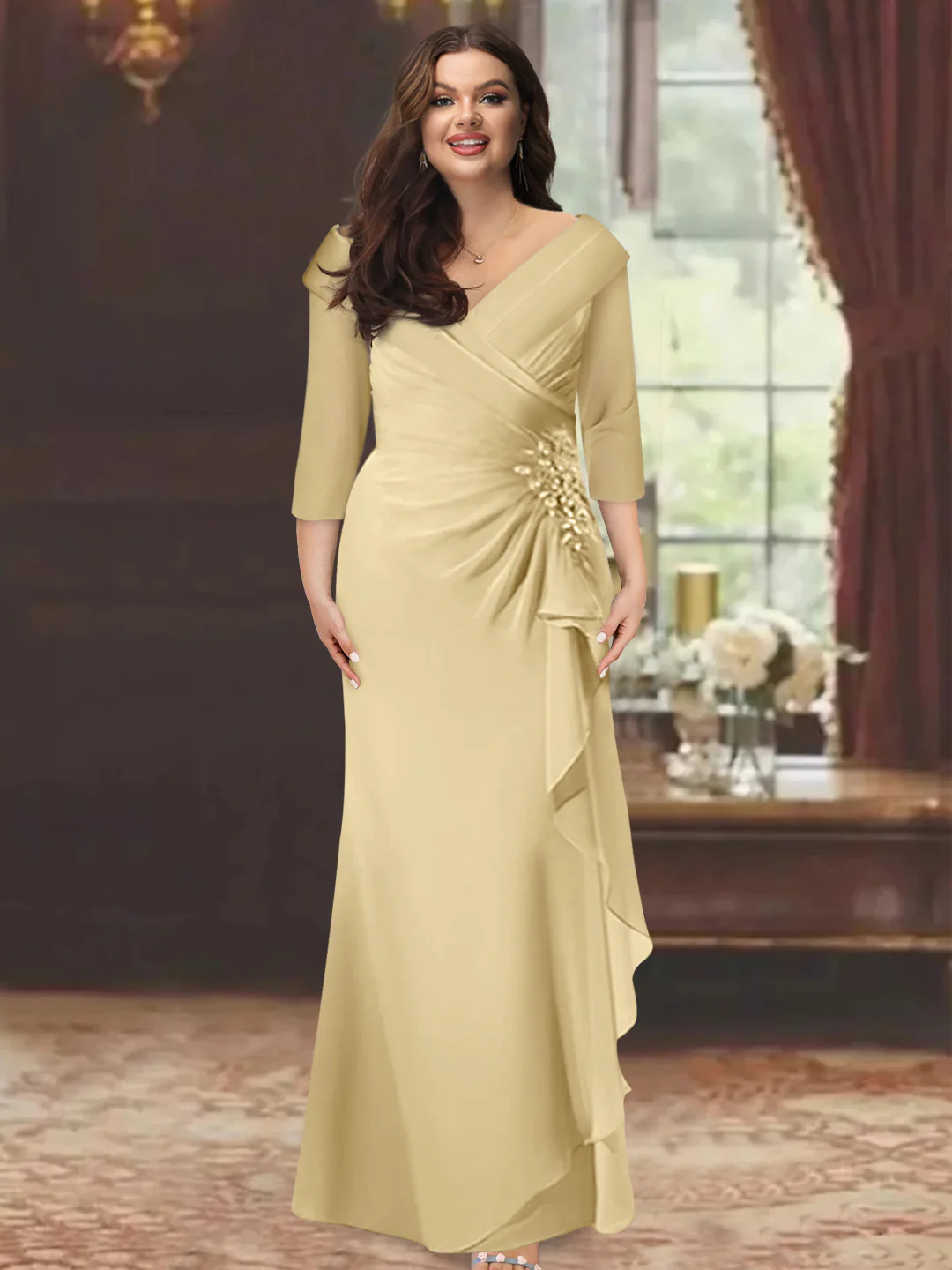 Sheath/Column V-Neck Half Sleeves Floor-Length Plus Size Mother of the Bride Dresses with Ruffles & Appliques - Image 9