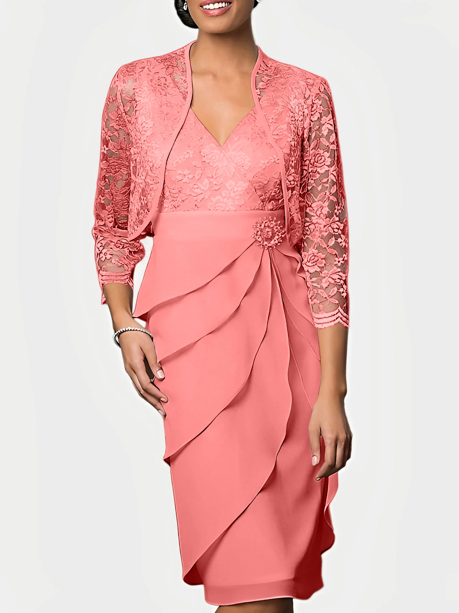 Sheath/Column V-Neck Knee-Length Mother of the Bride Dresses - Image 13