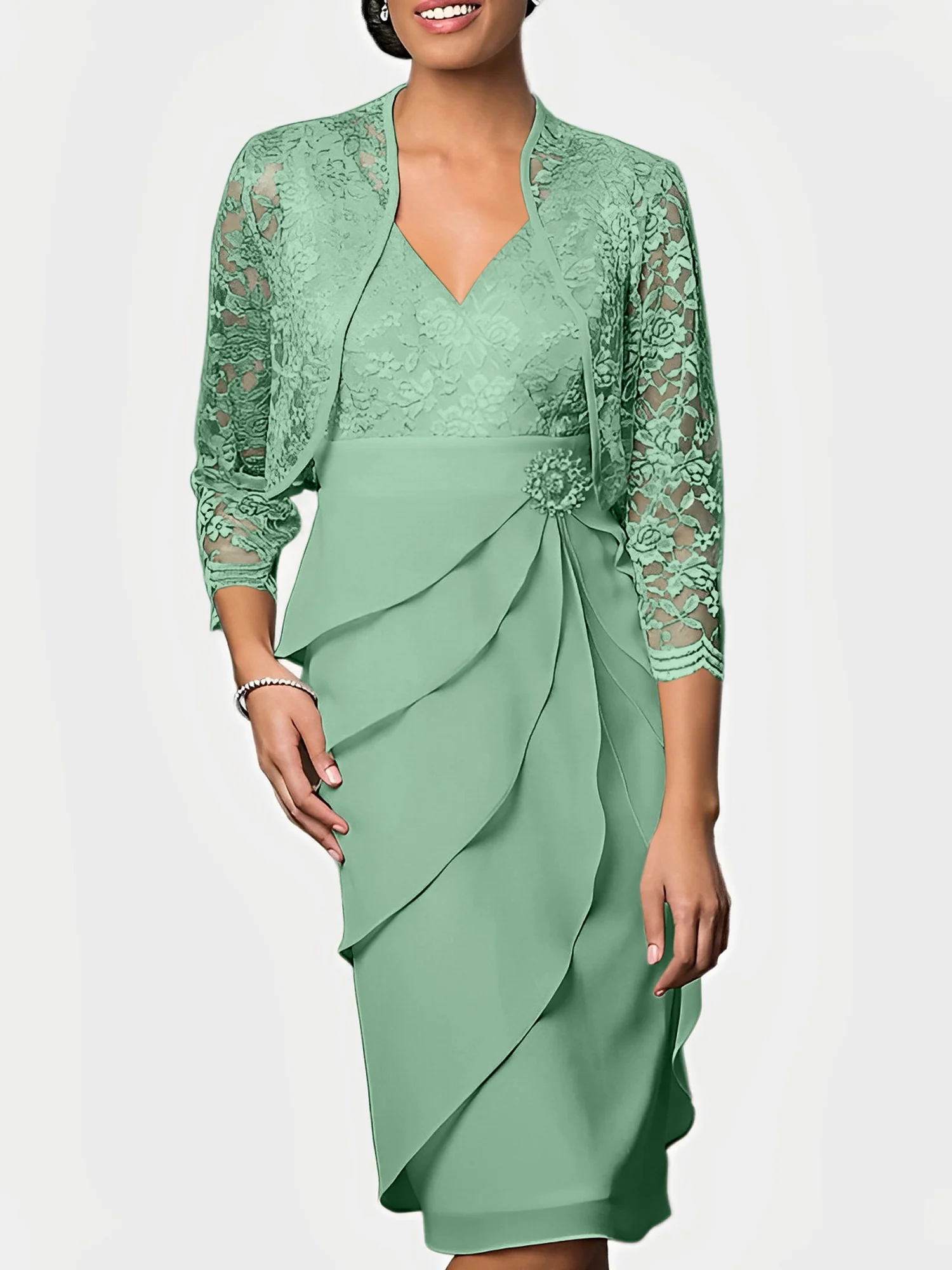 Sheath/Column V-Neck Knee-Length Mother of the Bride Dresses - Image 22