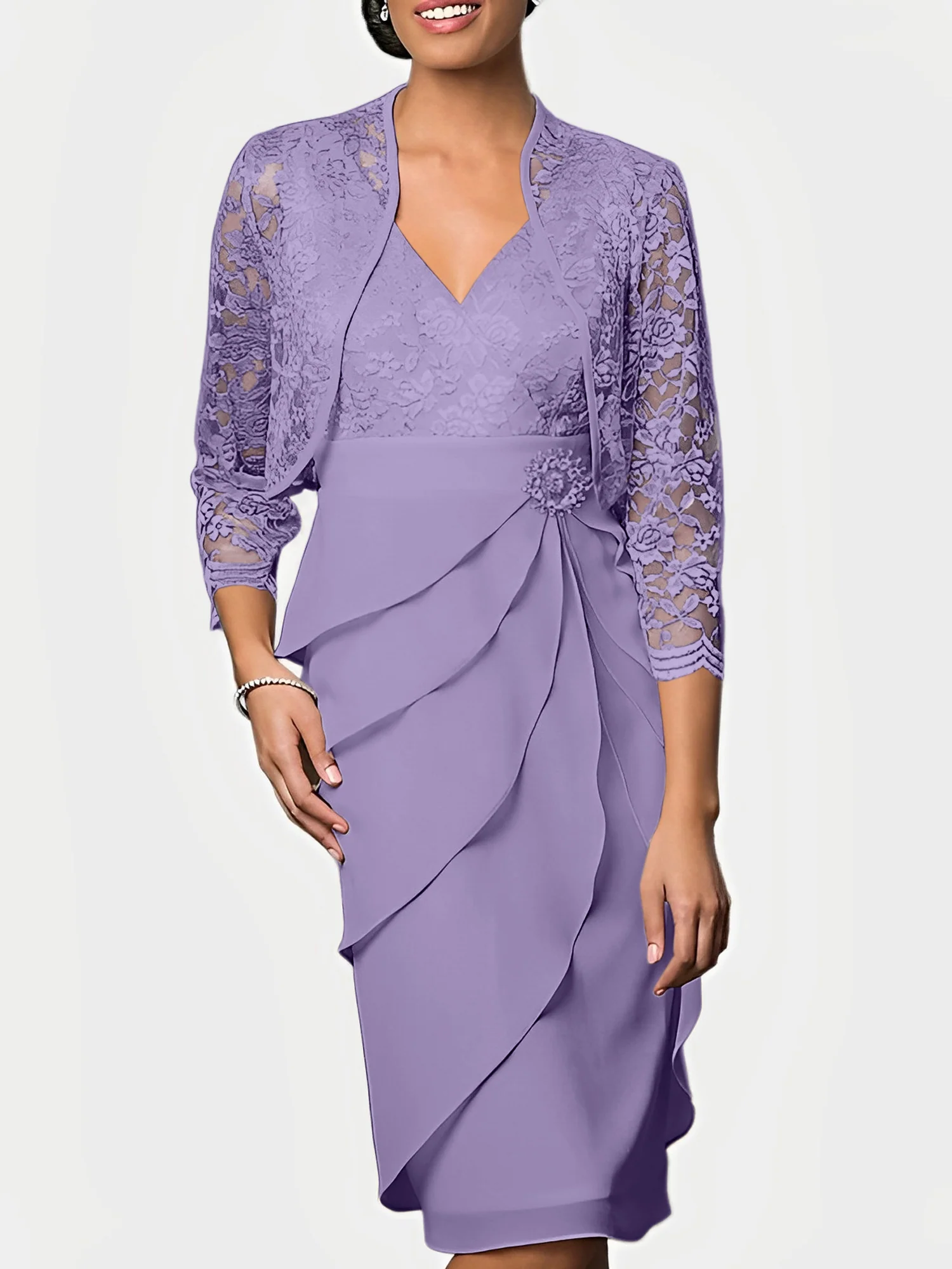 Sheath/Column V-Neck Knee-Length Mother of the Bride Dresses - Image 36