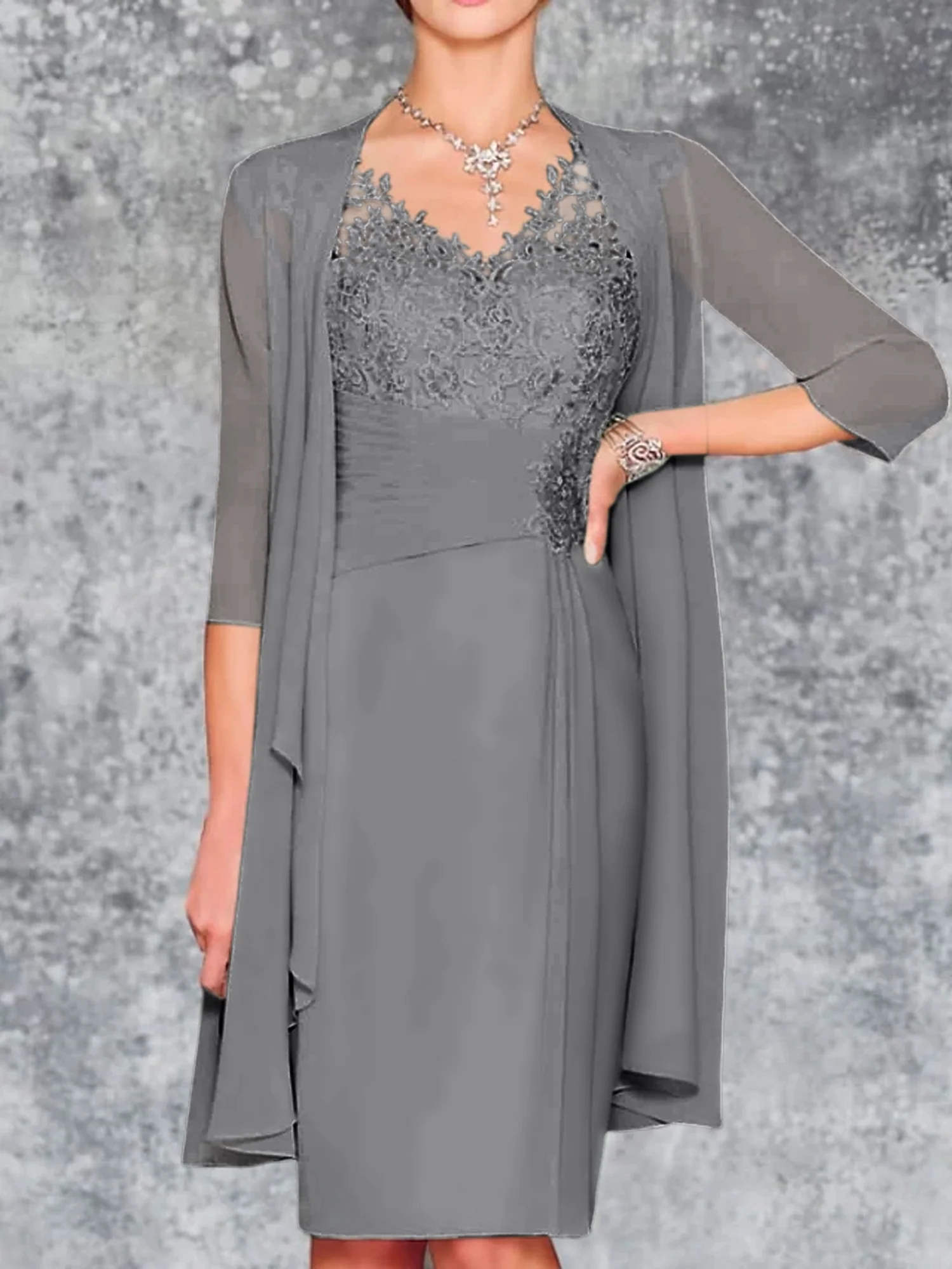 Sheath/Column V-Neck Knee-Length Mother of the Bride Dresses - Image 27