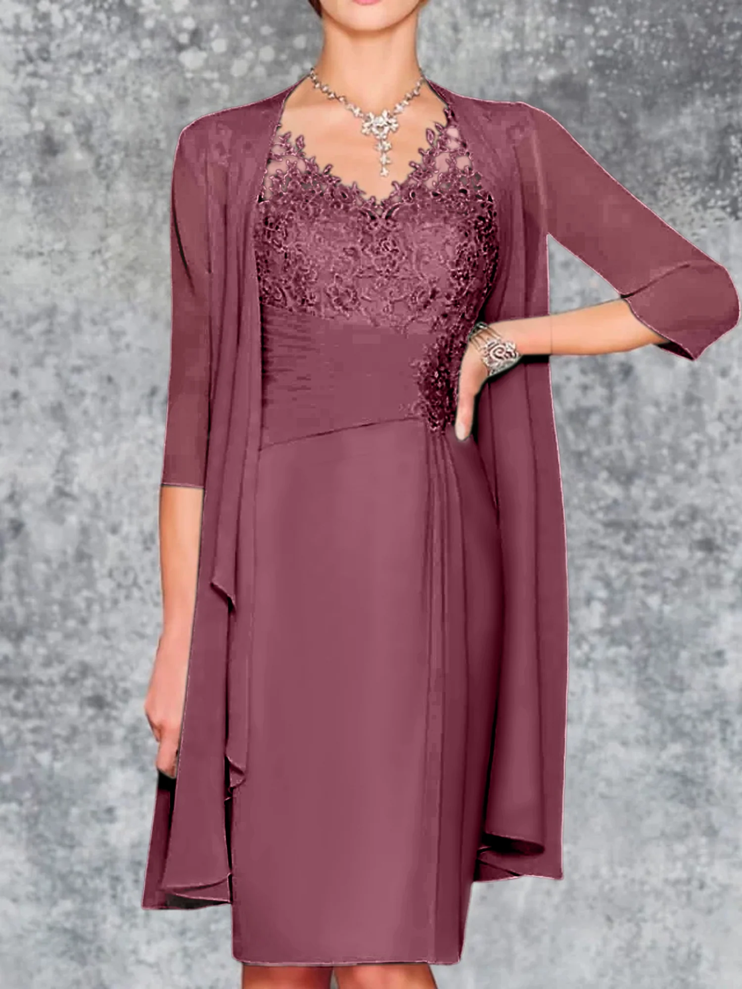 Sheath/Column V-Neck Knee-Length Mother of the Bride Dresses - Image 43