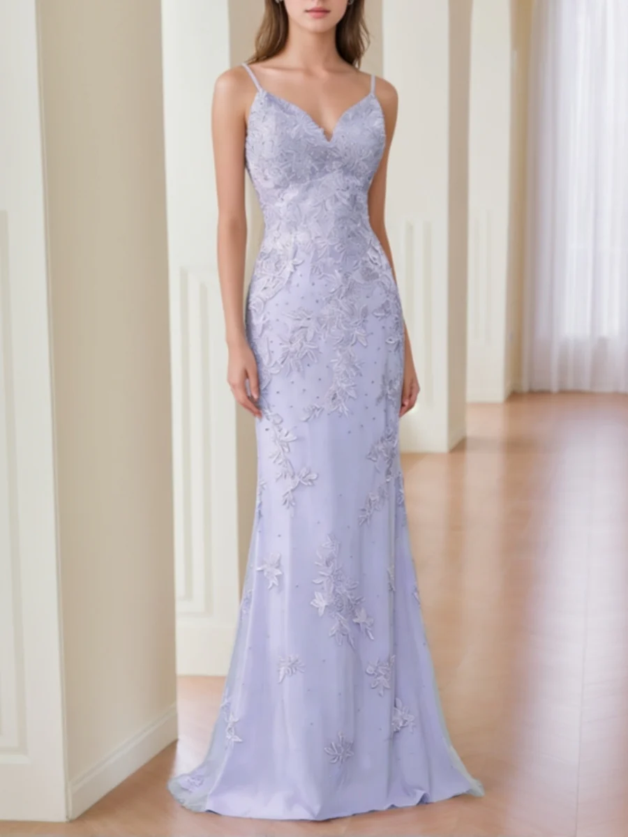 Sheath/Column V-Neck Lace Prom Dresses Sleeveless Floor-Length Formal Dresses Spaghetti Straps