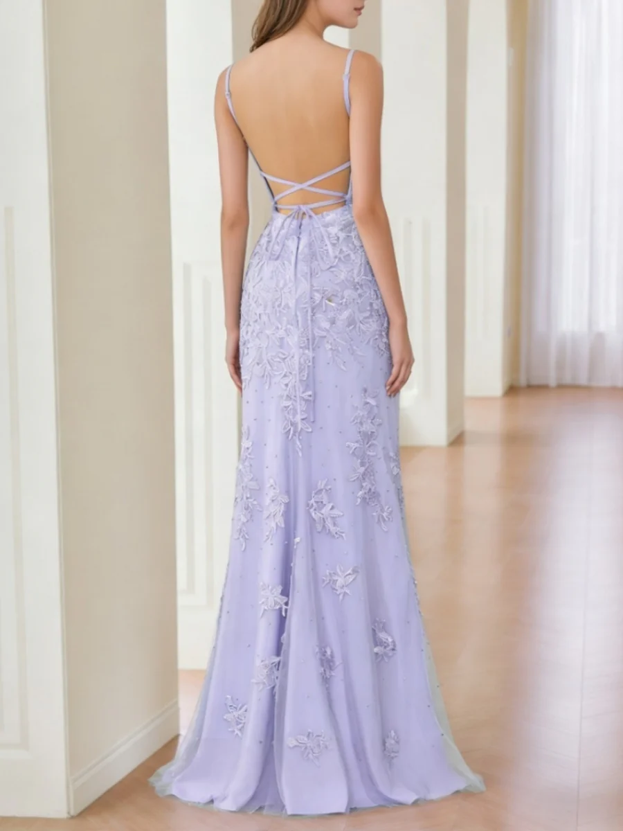 Sheath/Column V-Neck Lace Prom Dresses Sleeveless Floor-Length Formal Dresses Spaghetti Straps - Image 2