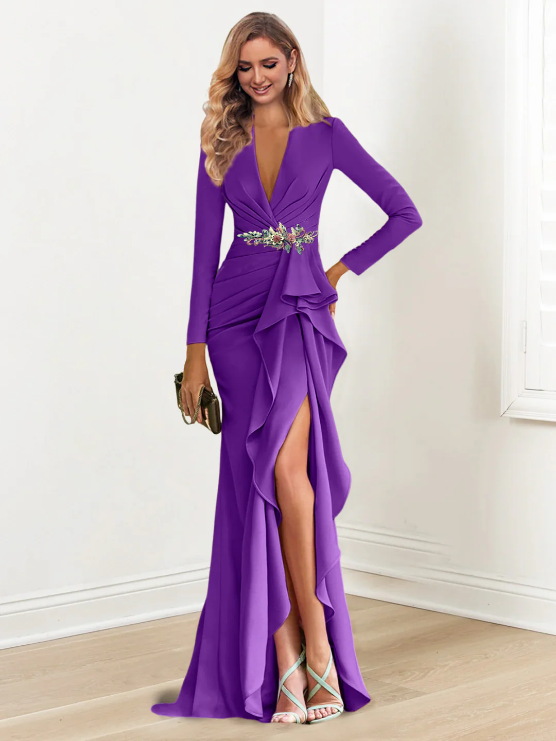 Sheath/Column V-Neck Long Sleeves Floor-Length Mother of the Bride Dresses with Crepe Beading - Image 38